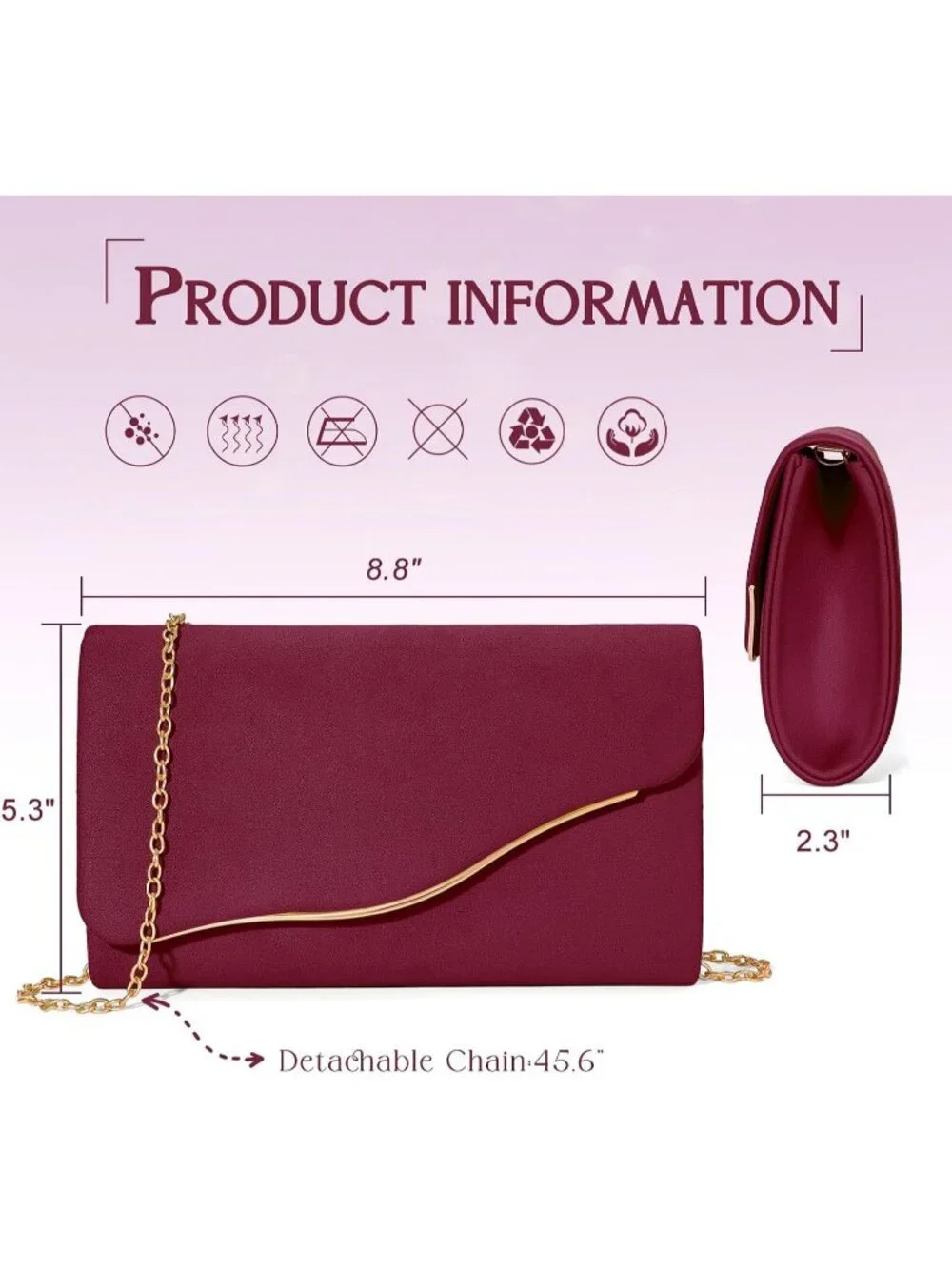 Women's Burgundy Formal Clutch Purse With Detachable Chain Strap Evening Bag